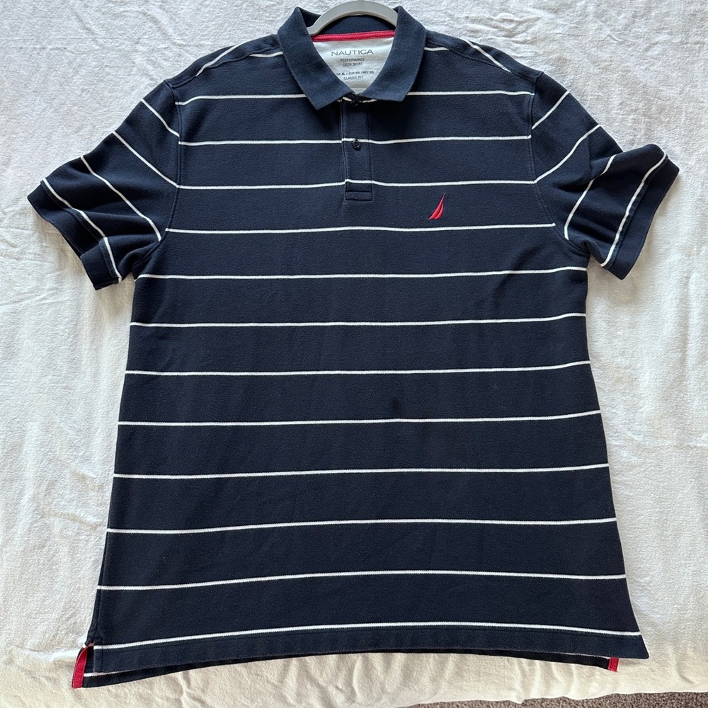 Nautica Performance Deck Shirt Mens XL Navy Blue White Striped Polo Short Sleeve